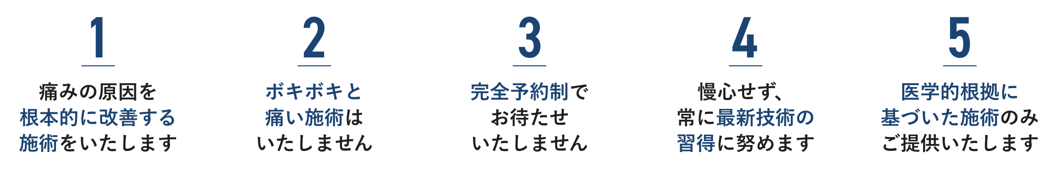 1.痛みの原因を根本的に改善する施術をいたします。2.ボキボキと痛い施術はいたしません。3.完全予約制でお待たせいたしません。4.慢心せず、常に最新技術の習得に努めます。5.医学的根拠に基づいた施術のみご提供いたします。